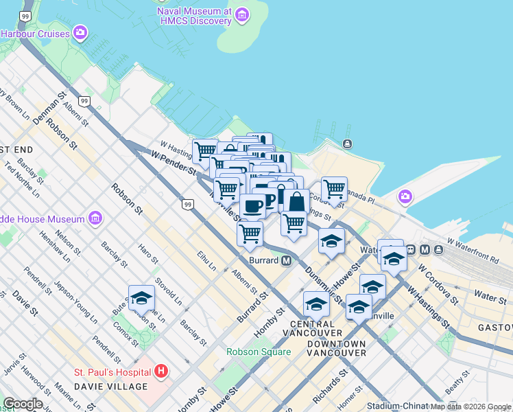 map of restaurants, bars, coffee shops, grocery stores, and more near 1155 West Hastings Street in Vancouver