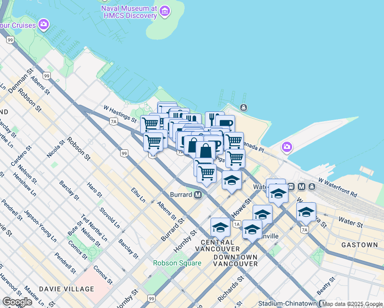 map of restaurants, bars, coffee shops, grocery stores, and more near 1111 West Pender Street in Vancouver
