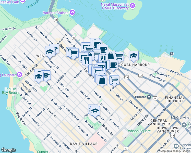 map of restaurants, bars, coffee shops, grocery stores, and more near 1361 Robson Street in Vancouver