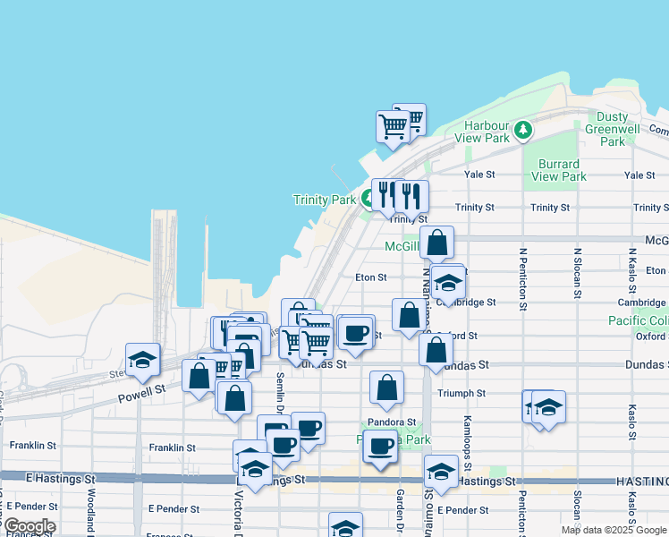 map of restaurants, bars, coffee shops, grocery stores, and more near 2115 Commissioner Street in Vancouver