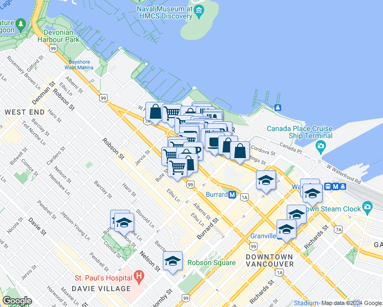 map of restaurants, bars, coffee shops, grocery stores, and more near 1189 Melville Street in Vancouver