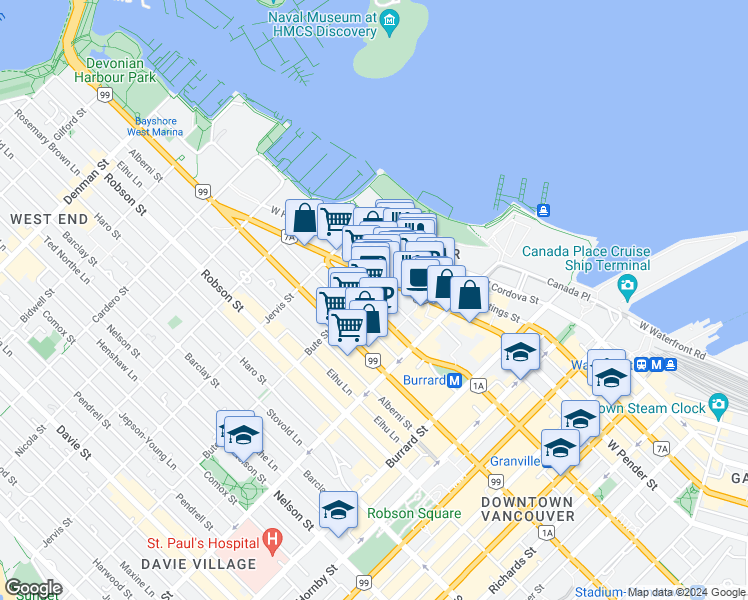 map of restaurants, bars, coffee shops, grocery stores, and more near 1189 Melville Street in Vancouver