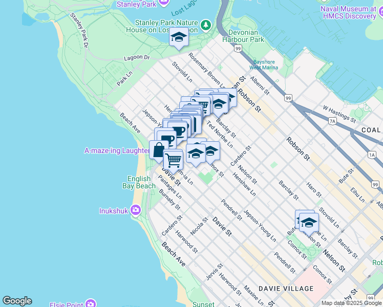 map of restaurants, bars, coffee shops, grocery stores, and more near in Vancouver