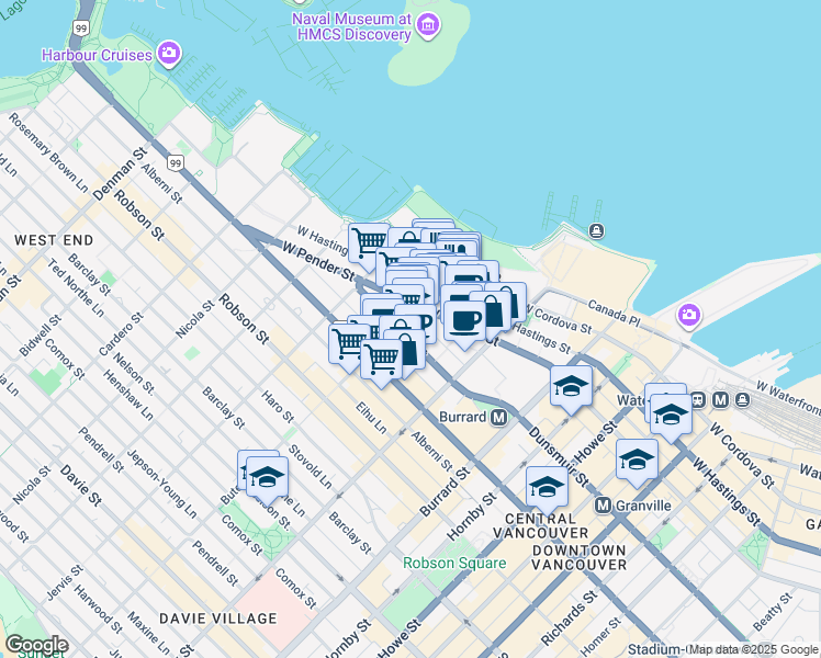 map of restaurants, bars, coffee shops, grocery stores, and more near 1189 Melville Street in Vancouver