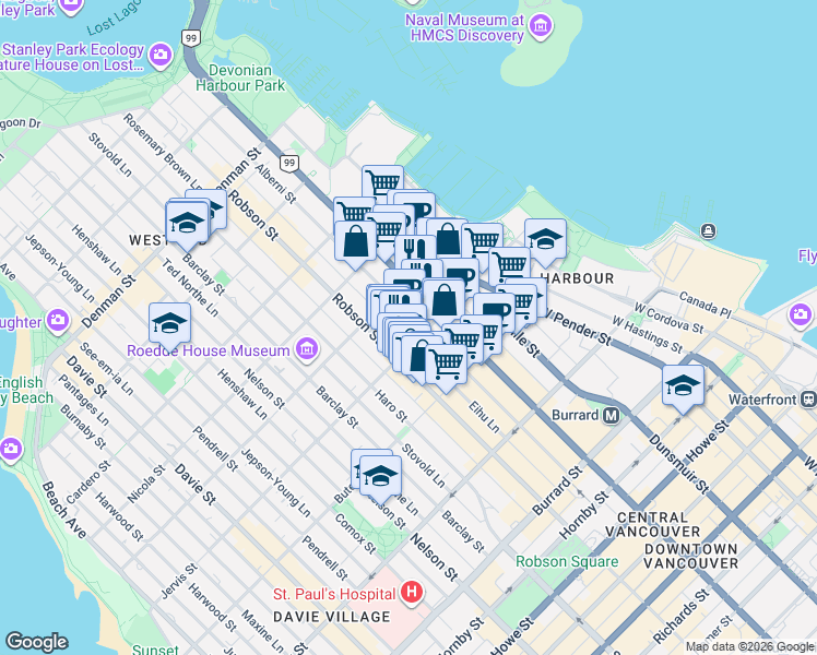 map of restaurants, bars, coffee shops, grocery stores, and more near 717 Jervis Street in Vancouver