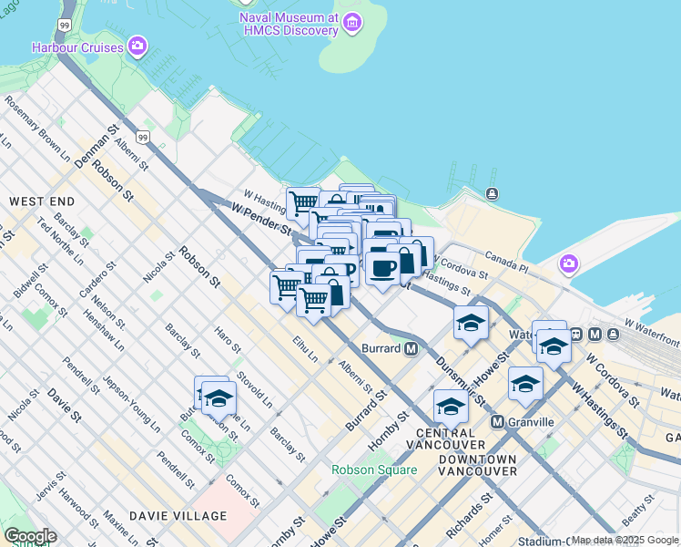 map of restaurants, bars, coffee shops, grocery stores, and more near 1189 Melville Street in Vancouver