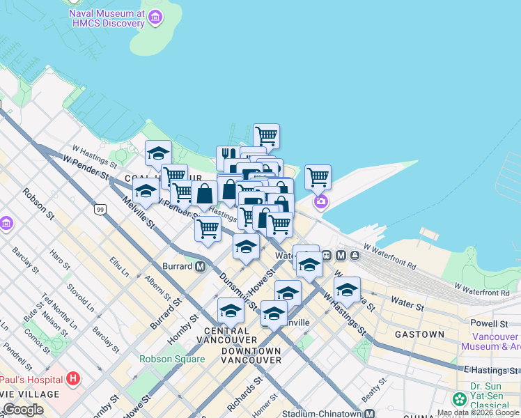map of restaurants, bars, coffee shops, grocery stores, and more near in Vancouver