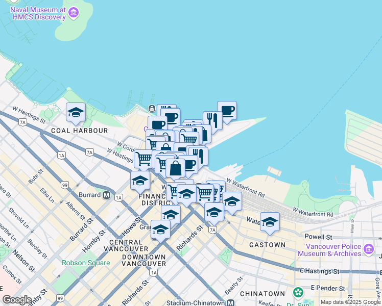 map of restaurants, bars, coffee shops, grocery stores, and more near 302-999 Canada Place in Vancouver