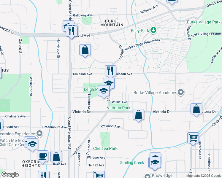 map of restaurants, bars, coffee shops, grocery stores, and more near 1249 Soball Street in Coquitlam