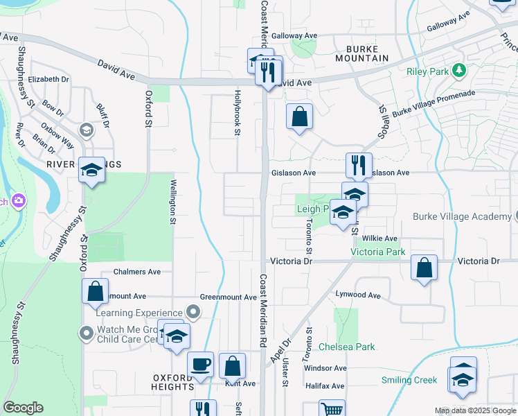 map of restaurants, bars, coffee shops, grocery stores, and more near 1240 Coast Meridian Road in Coquitlam