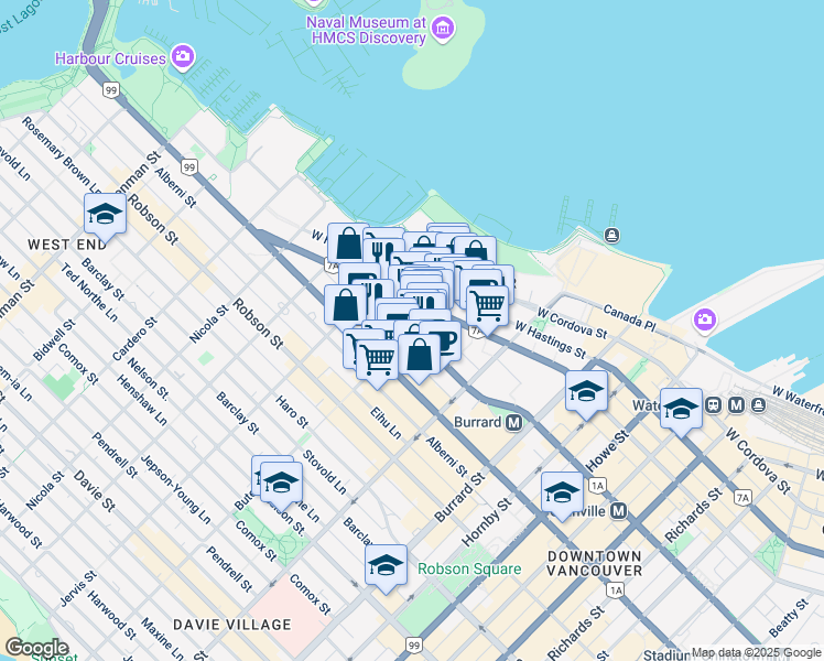 map of restaurants, bars, coffee shops, grocery stores, and more near Bute St & Melville St in Vancouver