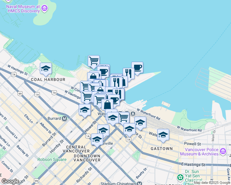 map of restaurants, bars, coffee shops, grocery stores, and more near 999 Canada Place in Vancouver