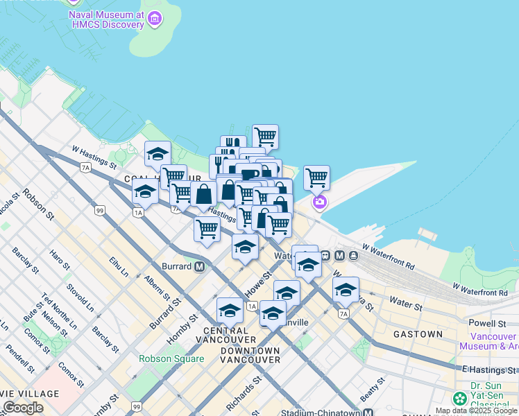 map of restaurants, bars, coffee shops, grocery stores, and more near in Vancouver