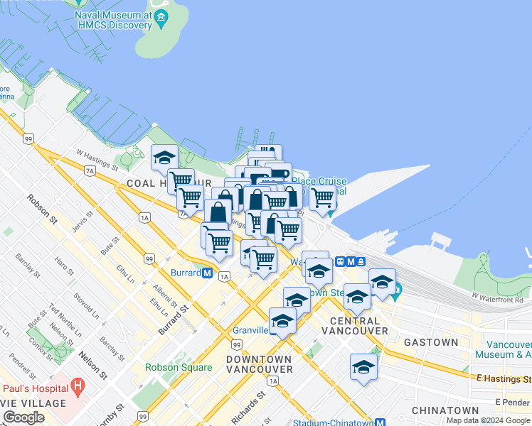 map of restaurants, bars, coffee shops, grocery stores, and more near 1011 West Cordova Street in Vancouver