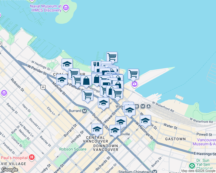 map of restaurants, bars, coffee shops, grocery stores, and more near in Vancouver