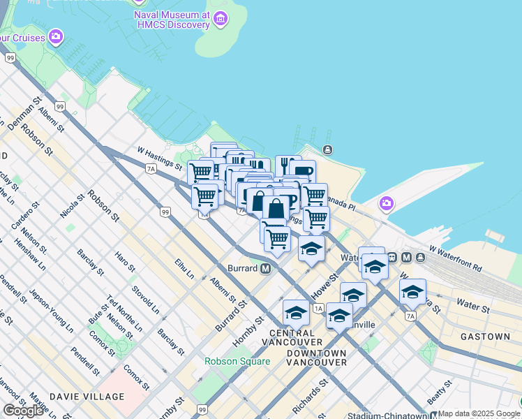 map of restaurants, bars, coffee shops, grocery stores, and more near 1128 West Hastings Street in Vancouver