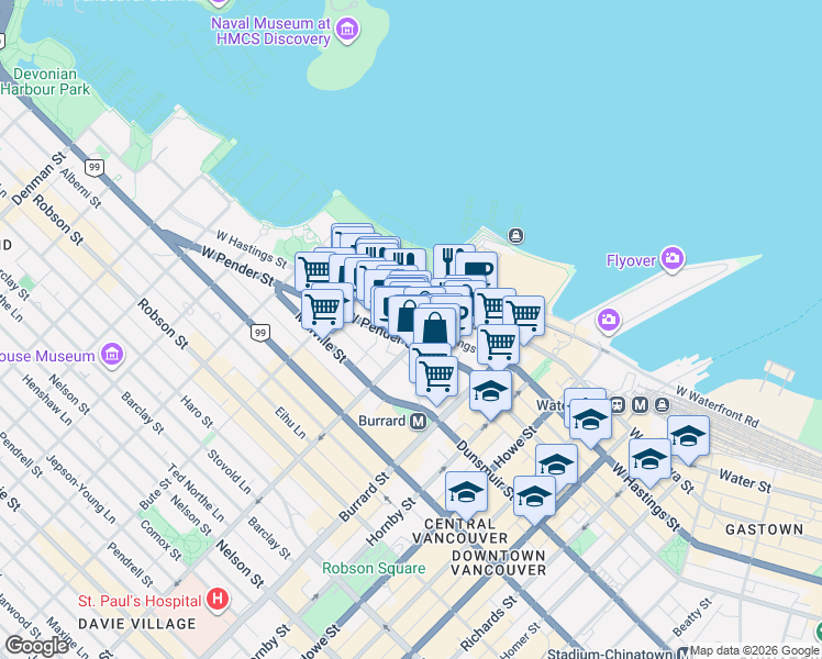 map of restaurants, bars, coffee shops, grocery stores, and more near 1128 West Hastings Street in Vancouver