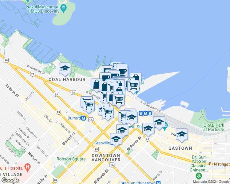 map of restaurants, bars, coffee shops, grocery stores, and more near 59 Burrard Street in Vancouver