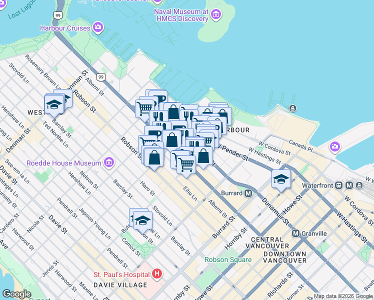 map of restaurants, bars, coffee shops, grocery stores, and more near 1239 West Georgia Street in Vancouver