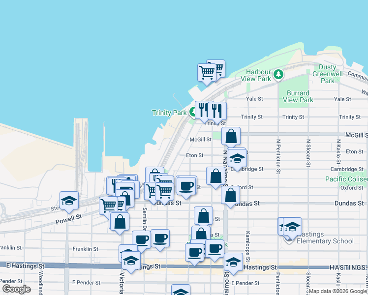 map of restaurants, bars, coffee shops, grocery stores, and more near 2168 Wall Street in Vancouver