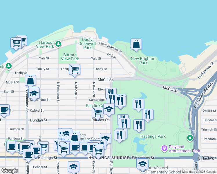 map of restaurants, bars, coffee shops, grocery stores, and more near 2891 Eton Street in Vancouver
