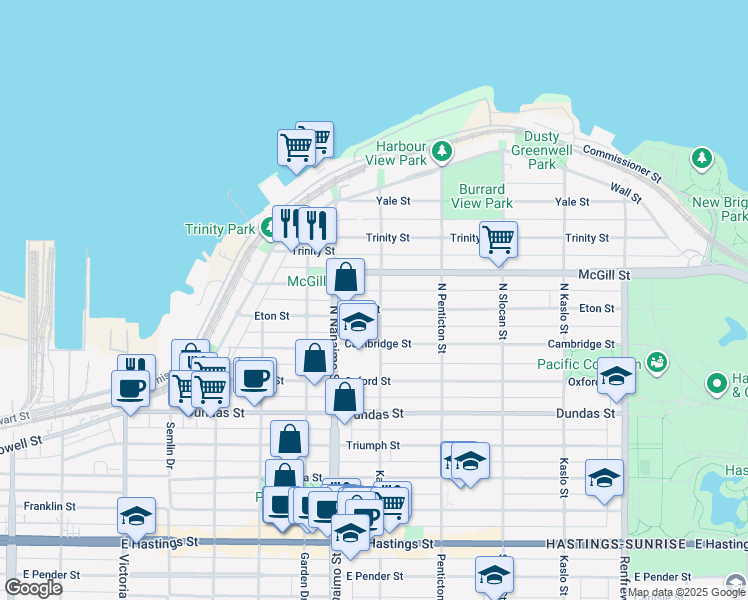 map of restaurants, bars, coffee shops, grocery stores, and more near 2493 Eton Street in Vancouver