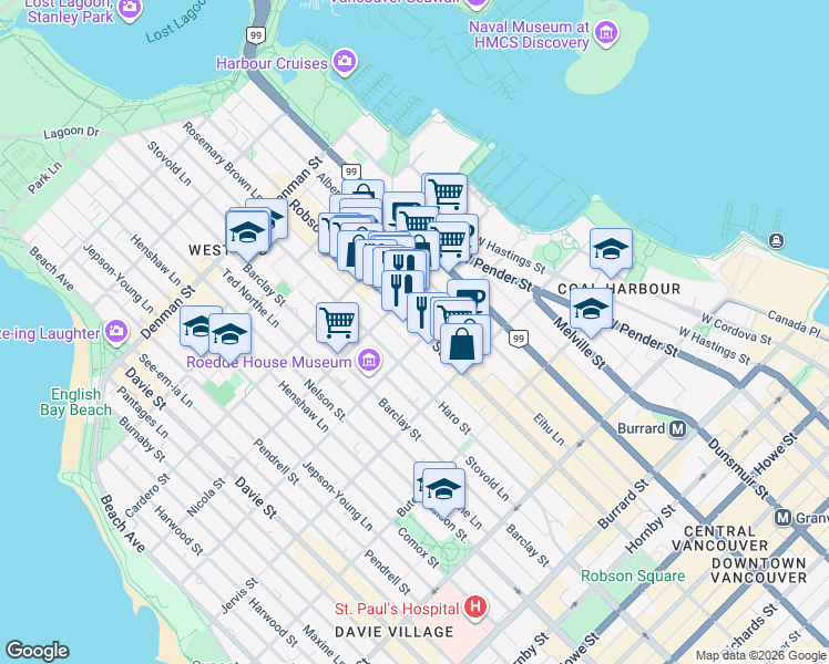 map of restaurants, bars, coffee shops, grocery stores, and more near 1408 Robson Street in Vancouver