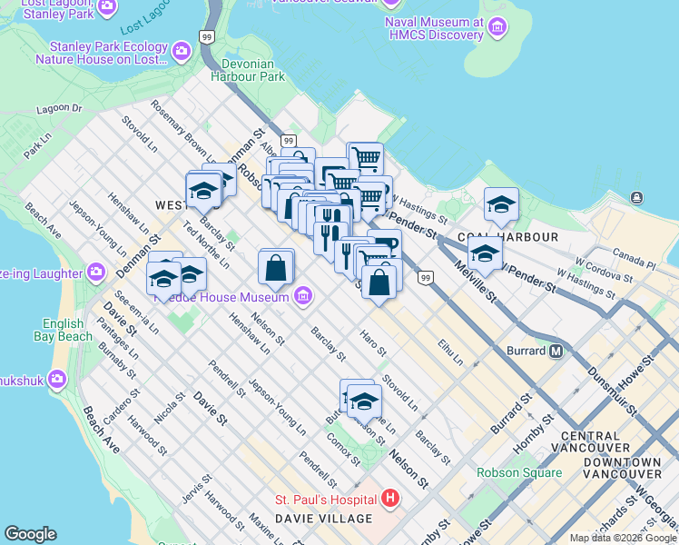 map of restaurants, bars, coffee shops, grocery stores, and more near 1408 Robson Street in Vancouver