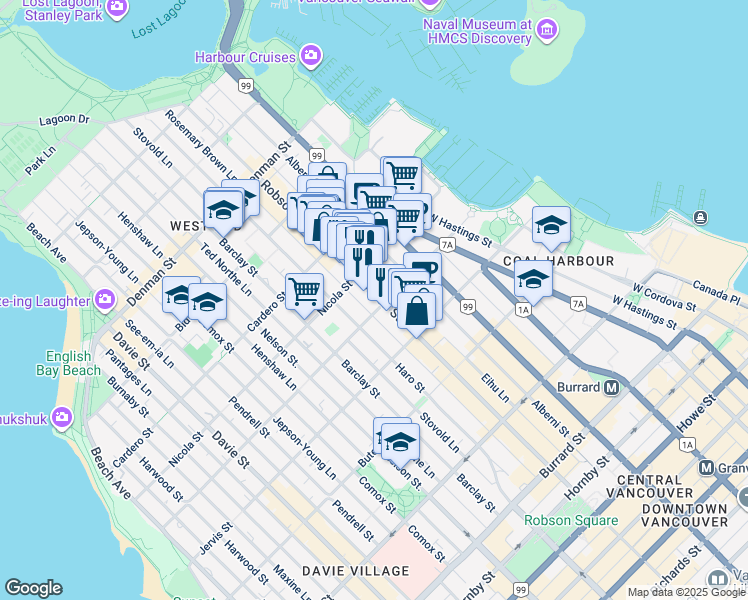 map of restaurants, bars, coffee shops, grocery stores, and more near 1408 Robson Street in Vancouver
