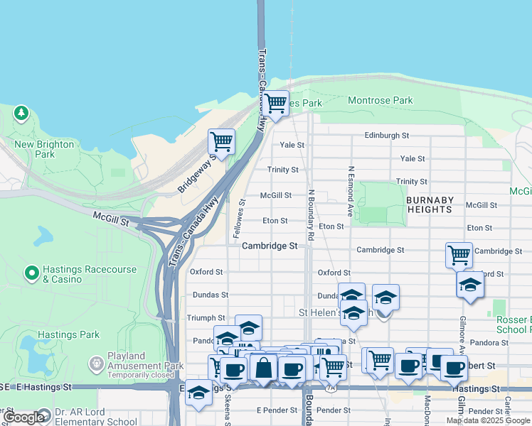 map of restaurants, bars, coffee shops, grocery stores, and more near 321 North Kootenay Street in Vancouver