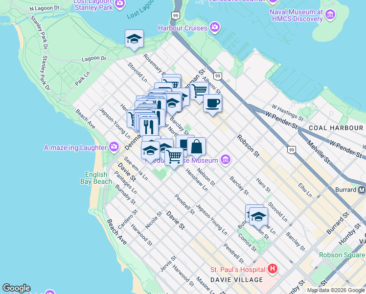 map of restaurants, bars, coffee shops, grocery stores, and more near 1655 Nelson Street in Vancouver