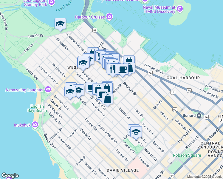map of restaurants, bars, coffee shops, grocery stores, and more near 1500 Haro Street in Vancouver