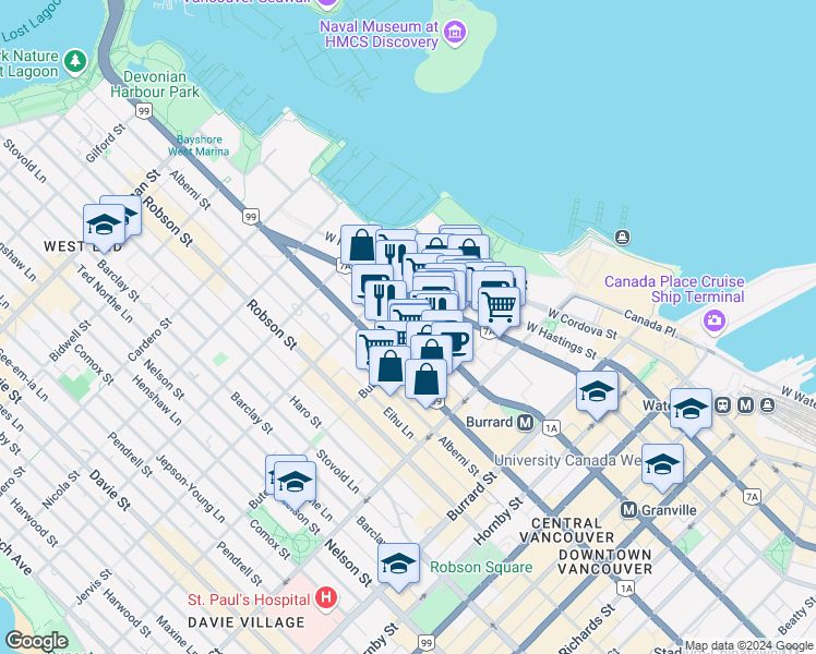 map of restaurants, bars, coffee shops, grocery stores, and more near in Vancouver