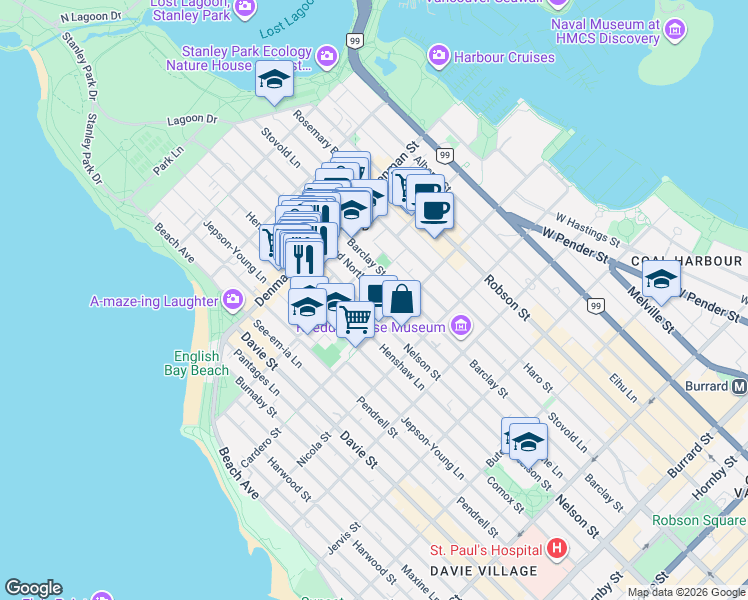 map of restaurants, bars, coffee shops, grocery stores, and more near 1655 Nelson Street in Vancouver