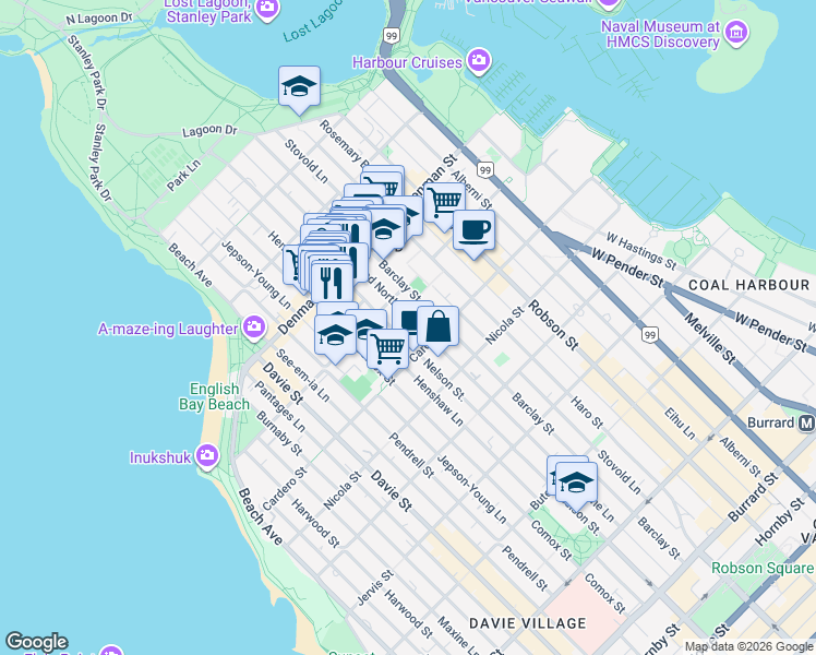 map of restaurants, bars, coffee shops, grocery stores, and more near in Vancouver