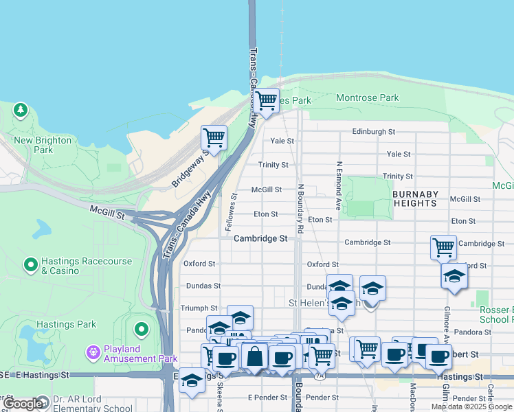 map of restaurants, bars, coffee shops, grocery stores, and more near 321 North Kootenay Street in Vancouver