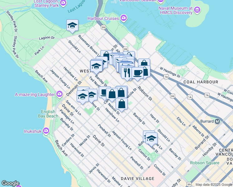 map of restaurants, bars, coffee shops, grocery stores, and more near 1595 Barclay Street in Vancouver