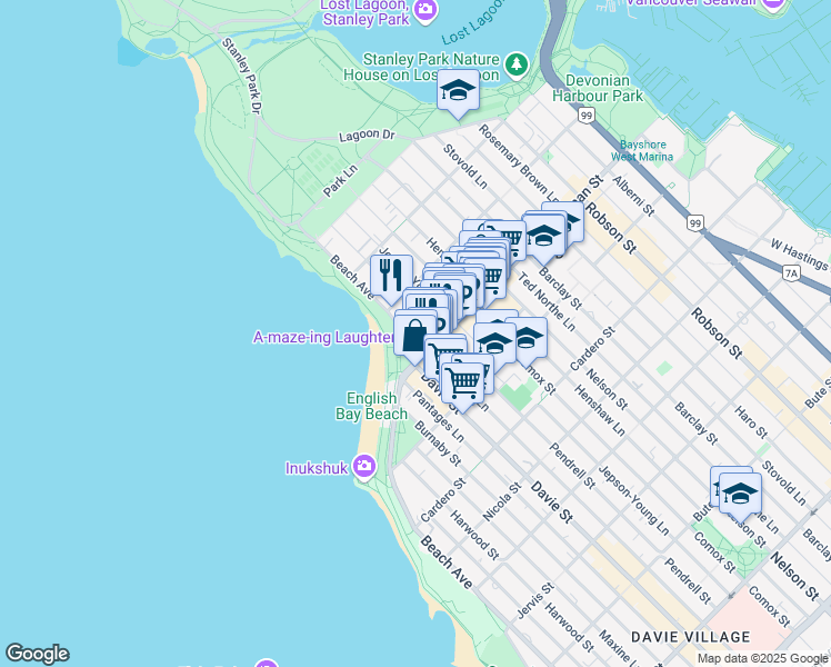 map of restaurants, bars, coffee shops, grocery stores, and more near 1835 Morton Avenue in Vancouver