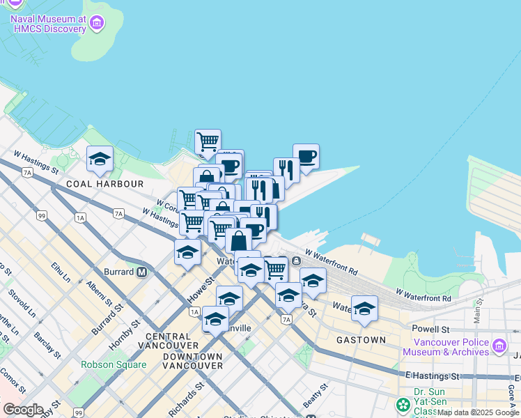 map of restaurants, bars, coffee shops, grocery stores, and more near 302-999 Canada Place in Vancouver