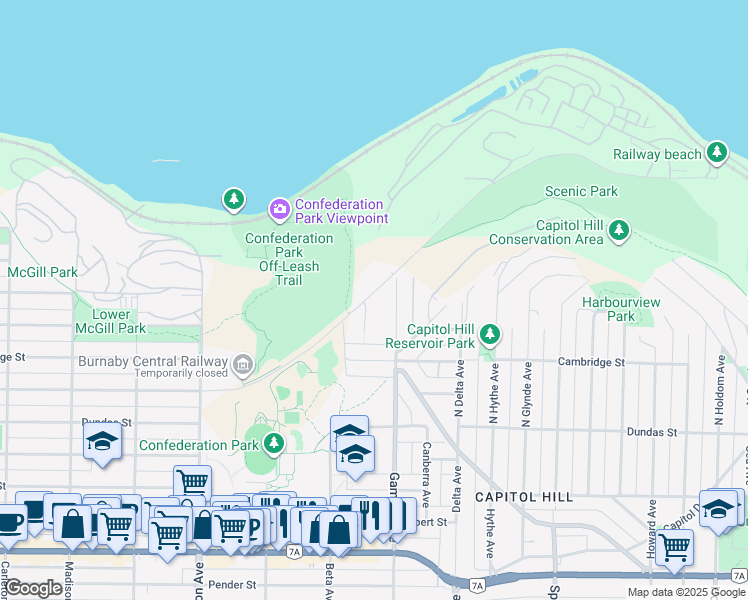 map of restaurants, bars, coffee shops, grocery stores, and more near 4756 Penzance Drive in Burnaby