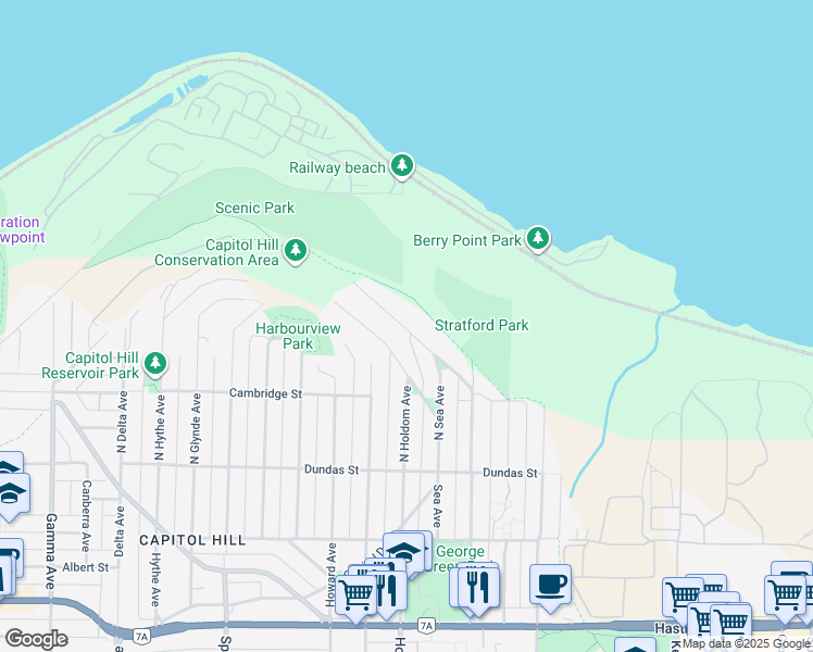 map of restaurants, bars, coffee shops, grocery stores, and more near 5675 Highfield Drive in Burnaby