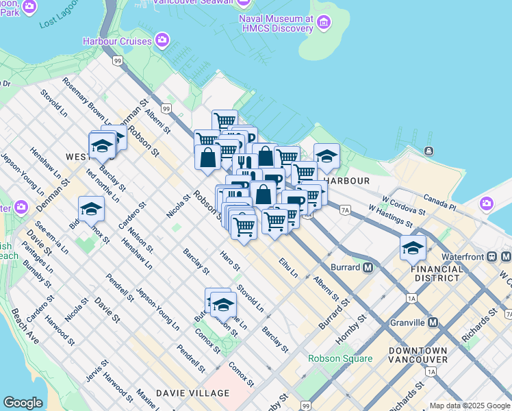 map of restaurants, bars, coffee shops, grocery stores, and more near 1302 West Georgia Street in Vancouver