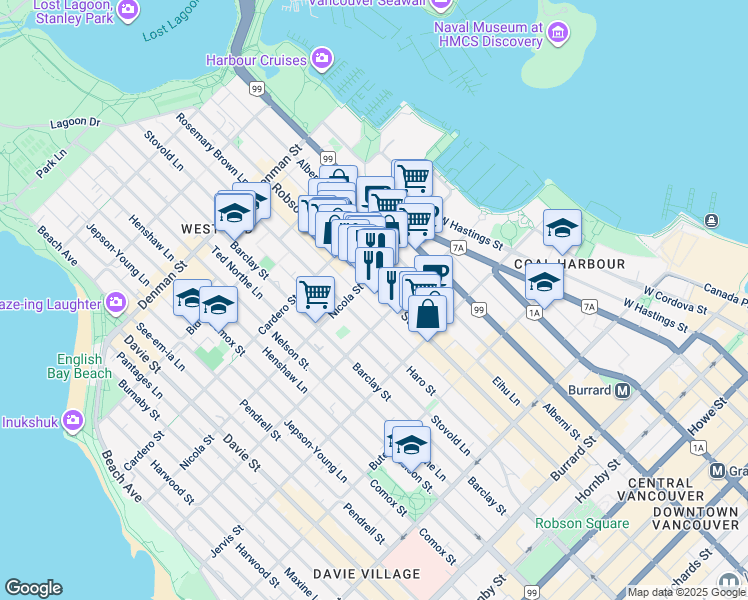 map of restaurants, bars, coffee shops, grocery stores, and more near in Vancouver