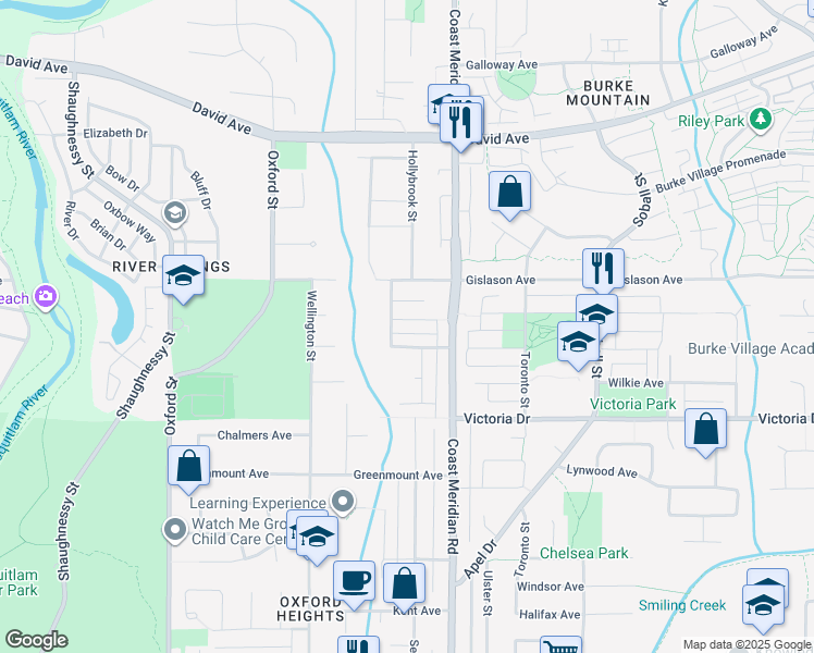 map of restaurants, bars, coffee shops, grocery stores, and more near 3358 Carmelo Avenue in Coquitlam