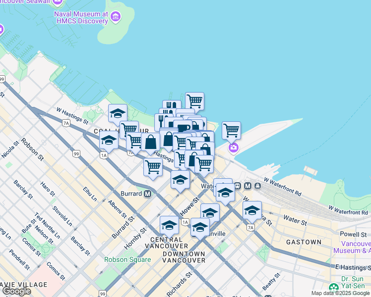 map of restaurants, bars, coffee shops, grocery stores, and more near in Vancouver