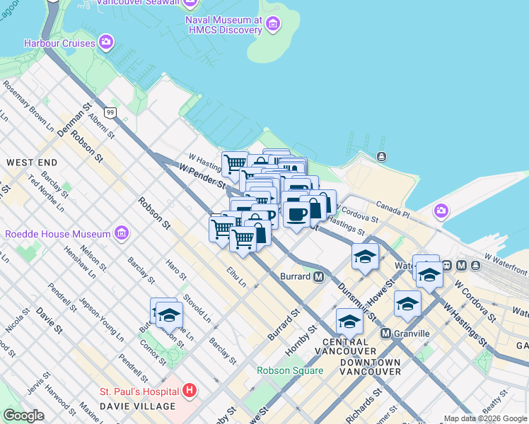 map of restaurants, bars, coffee shops, grocery stores, and more near in Vancouver