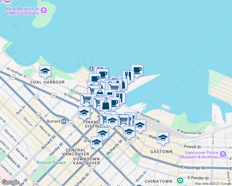 map of restaurants, bars, coffee shops, grocery stores, and more near 302-999 Canada Place in Vancouver