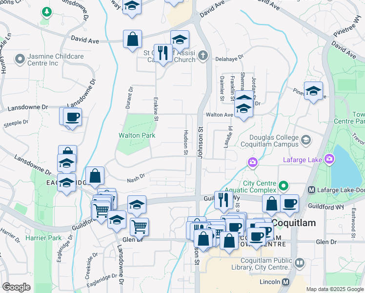 map of restaurants, bars, coffee shops, grocery stores, and more near 1252 Hudson Street in Coquitlam