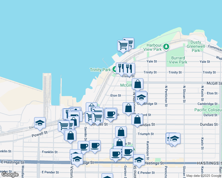 map of restaurants, bars, coffee shops, grocery stores, and more near in Vancouver