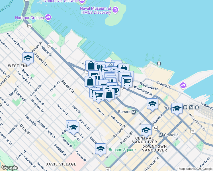 map of restaurants, bars, coffee shops, grocery stores, and more near 1211 Melville Street in Vancouver